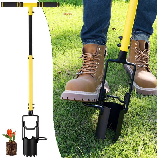 Ulisem - Bollenplanter - Handmatige grondboor - Met T-vormig handvat - 9 cm breed - 11 cm diep - Geschikt voor tulpen en knoflook - Met antislip pedaal - Roestvrij staal - Zwaar uitgevoerd - 360°