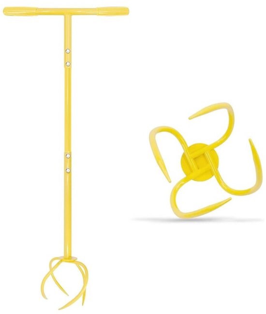 Ulisem - Handmatige tuinfrees - 16.5 inch gebogen handvat - 4 gepunte tanden - Voor zware grond - Verwijder onkruid en belucht de bodem - Staal - Geschikt voor verhoogde bedden - Demontabele rototiller 360° - Helemaal Geel van Ulisem