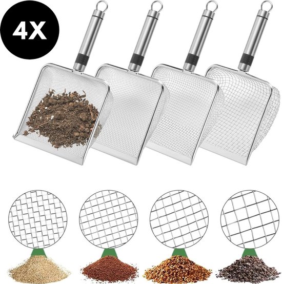 Ultiluxe® Tuinzeef met handvat - 4 stuks - Grondzeef van roestvrij staal - Verschillende tuinzeven - Grove en fijne bodemzeef - Compostzeef voor tuinieren - Zeefschep voor tuinen - Compost, grind, zand, kattenbak - Met ophanghaak van Merkloos	