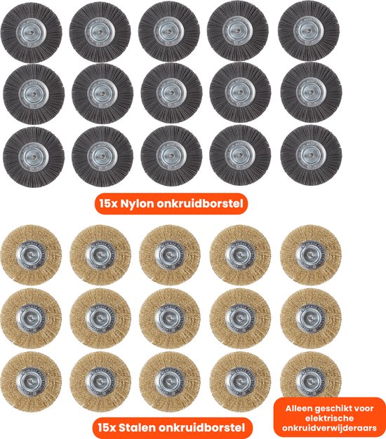 Universele borstelset voor elektrische onkruidborstel - Set van 15 - Onkruidverwijderaar - Onkruidverdelger - Stalen en Nylon borstel - 11cm - Voegenborstel - Grastrimmer van Adacto