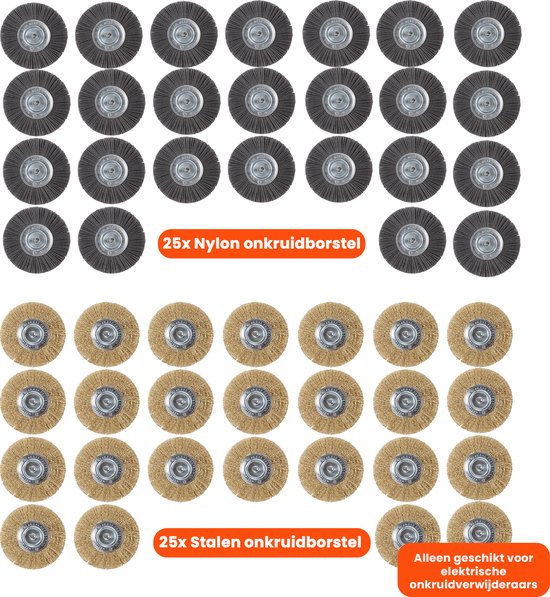 Universele borstelset voor elektrische onkruidborstel - Set van 25 - Onkruidverwijderaar - Onkruidverdelger - Stalen en Nylon borstel - 11cm - Voegenborstel - Grastrimmer van Jardinax