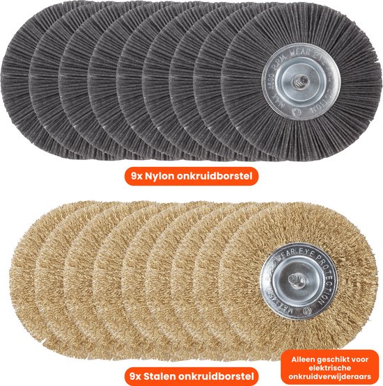Universele borstelset voor elektrische onkruidborstel - Set van 9 - Onkruidverwijderaar - Onkruidverdelger - Stalen en Nylon borstel - 11cm - Voegenborstel - Grastrimmer van Wolfgang Germany