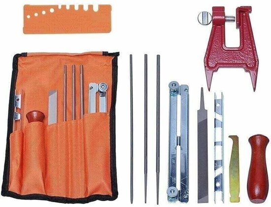 Universele kettingzaagslijpset, XU, kettingzaagslijpset, inclusief vijl, handvat, dieptegeschikt voorer, polijstrail, gereedschapsset en werkbankschroeven.