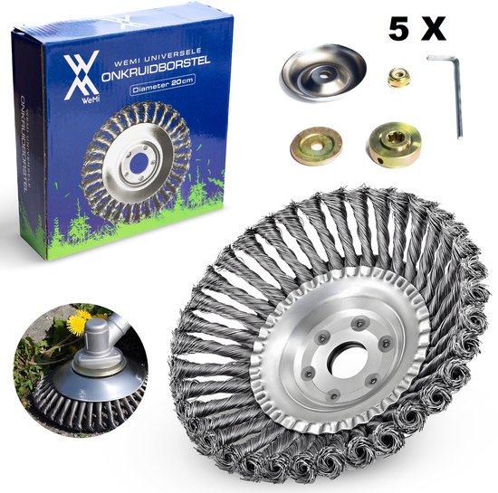 Universele Stalen Onkruidborstel per 5 stuks voor bosmaaier benzine en elektrisch inclusief montageset – 20 CM- Voegenborstel - Onkruidverwijderaar - Onkruid verwijderen - Oppervlakte behandeling - Ontroesten - Verf strippen – Ontkalken van Merkloos	
