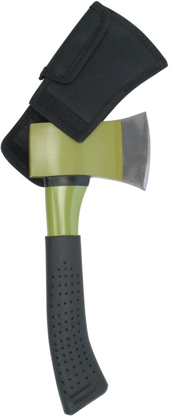 Unyqoos® Compacte massief stalen bijl met beschermhoes in olijfkleur voor outdoor avonturen van Merkloos	