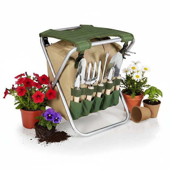 Unyqoos® Complete 5-delige tuingereedschapset met opvouwbare stoel en tas van Merkloos	