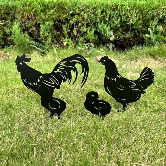 Unyqoos ® Metalen Kippenfamilie Tuindecoratie Set van 4 Stuks voor Buiten van Unyqoos