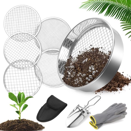 Unyqoos® Roestvrijstalen tuinzeef met vijf verwisselbare inzetstukken voor optimale bodemvoorbereiding van Merkloos	