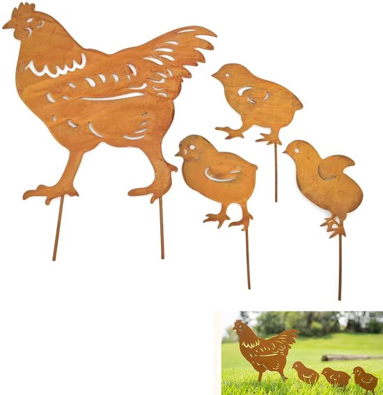 Unyqoos ® Schattige Tuindecoratie Metalen Kippenfamilie Met Roestige Afwerking Voor Een Unieke Tuinlook van Unyqoos