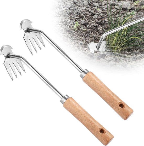 Upgrade Derooting Weed Puller - Manual Weed Tool with 4 Teeth - Wooden Handle - Portable Handwieders for Gardening Farm Garden van Merkloos	