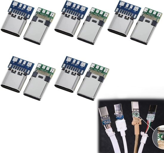 USB 3.1 Type C Plug en Socket, 24 Pin Bus, Voor Solderen Draden Kabels, 10 Stuks van Merkloos	