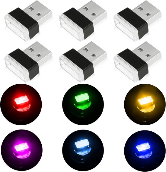 USB auto-sfeerverlichting - 6 stuks USB monochrome LED-auto-interieur sfeerverlichting - plug-in 5V mini-binnenverlichting voor auto's - laptops - USB-aansluitingen - nachtverlichting en extra USB-stekkers decoratie van Merkloos	
