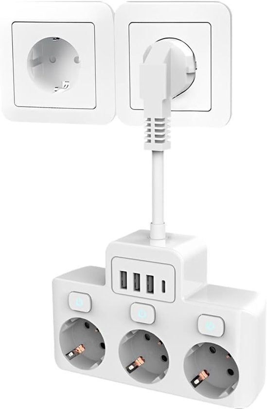 USB Power Strip met 3 USB-aansluitingen - Wandstopcontact met Onafhankelijke Schakelaars - Meerdere Elektrische Stopcontacten voor Kantoor en Thuis van Merkloos	