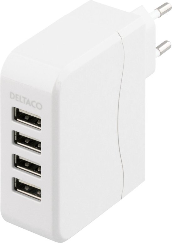 USB Thuislader - 4 poorten - input 100 - 240V / 0.8A max - output 5V DC / 4,5A  - muurmodel van Tronic.