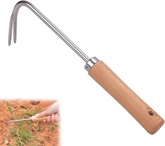 V-haak onkruidverwijderaar, roestvrijstalen onkruidverwijderaar, handmatige tuinonkruidverwijderaar met houten handvat, roestvrijstalen onkruidtrekker. van Merkloos	