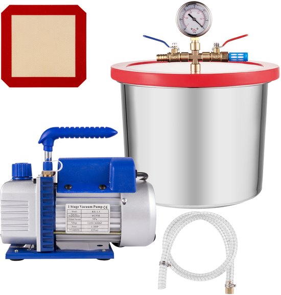 Vacuümpomp 2 gallon 4CFM 1/3HP voor het verwijderen van lucht uit siliconenepoxy, 1440 tpm, AC 230 V, 50 Hz, 5 Pa - 0,05 Mbar, creëert een lagedrukomgeving van Hoteche