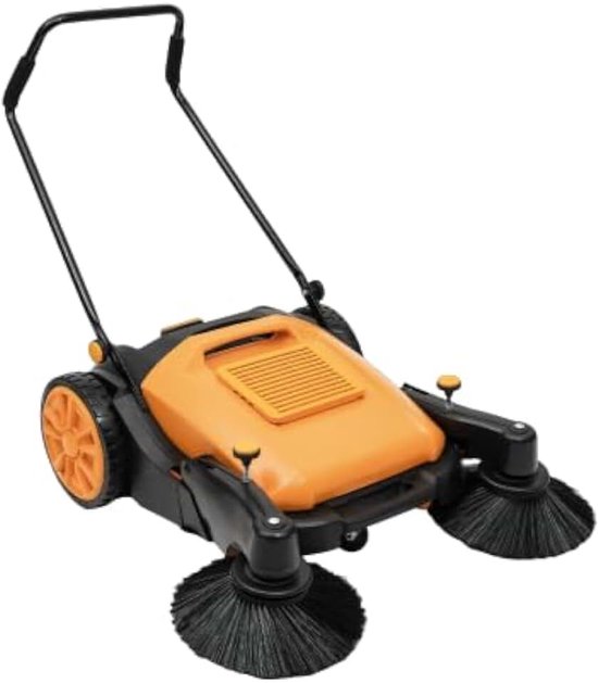 Veegmachine, 105 cm, 3680 m²/h, milieuvriendelijk en geluidsarm, 55 l stofreservoir, verstelbare handgreep, voor binnenplaats, werkplaats, straat en magazijn