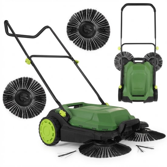 Veegmachine 68 cm - Handmatige Bladveger voor Buiten - 24 Liter Opvangbak - 3-Borstelsysteem van Merkloos	