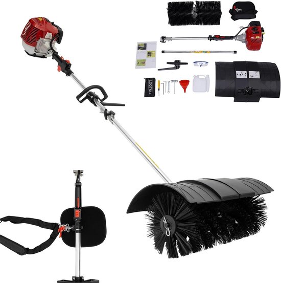 Veegmachine Benzine - Motorbezem Grasmaaier - Buitenruimte Reinigen - Krachtige 2-Takt Motor - 51 cm Werkbreedte - Zwart/Rood van Merkloos	