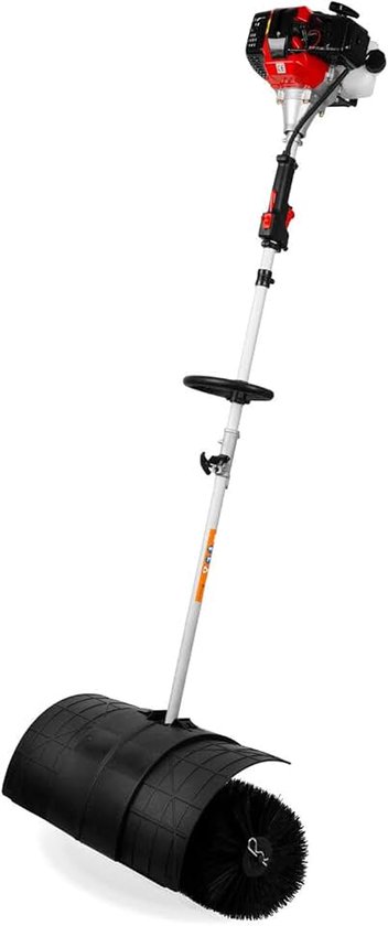 Veegmachine Gemotoriseerde bezem Veegbezem benzine 3pk, 2-takt motor, 52ccm, met draagriem, 2x 30cm veegrol, veegbreedte 60cm, traploze gashendel op ergonomische handgreep, beschermkap op rol