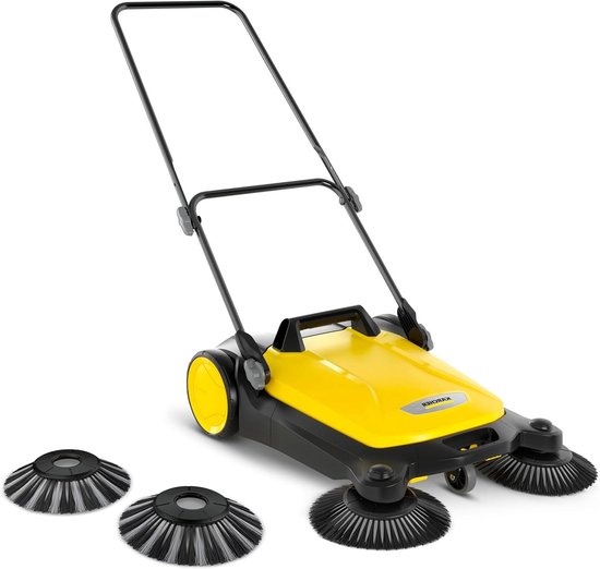 Veegmachine - Handveger Loopveger - Buiten Reinigen - Twee Zijborstels - 680 mm Werkbreedte - Geel Zwart van Merkloos	