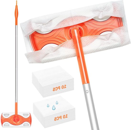 Veegmachine met steel - Dweil veger - Vloeren reinigen - Draaibare kop - 132 cm - Oranje