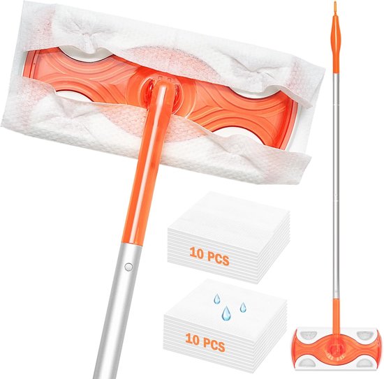 Veegmachine met steel - Vloerreiniger Mop - Snel vloeren reinigen - Draaibare kop - 132 cm - Oranje