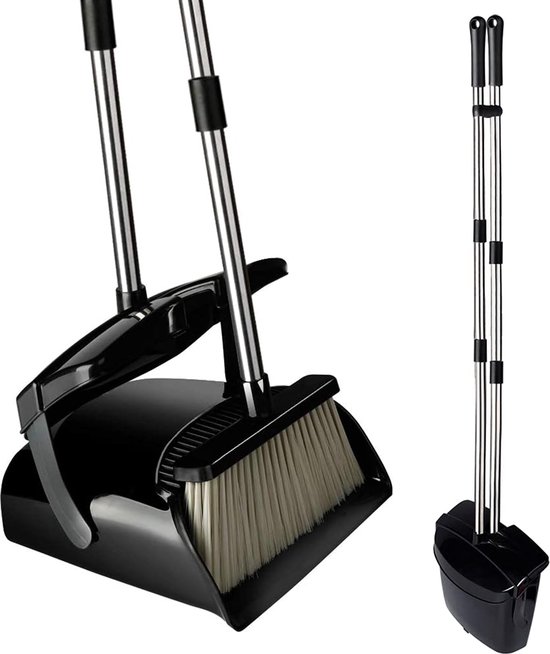 veegschep en bezemset met veegplaatafdekking, veegset met lange steel, rechtop veegset voor alle vloeren (zwart) van TreeLen