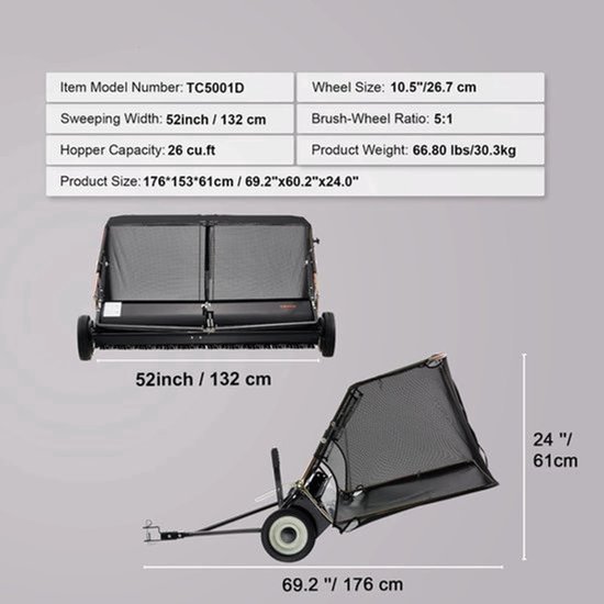 Veegwagen – Bladveger – Grasveger – Aanhanger – Tuinveger – Veegbreedte 132 Cm – Opvangzak 26 Kuubvoet van Merkloos	