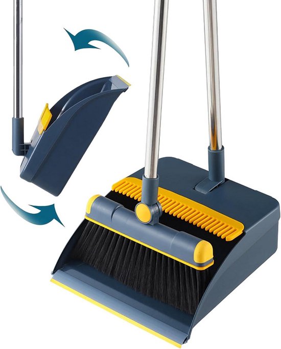 Vegen Set met Lange Steel 97cm - Zwenkbare Bezem en Stoffer met Kam - Opvouwbaar en Rechtopstaand van Merkloos	