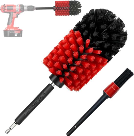 Velgenborstel, accuschroevendraaier, bevat velgenborstel en 22,6 cm detailkwast, snelle reiniging, velgenborstel voor auto, duurzaam en veelzijdig als elektrische reinigingsborstel, voor de auto, rood