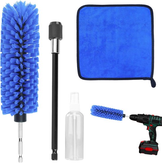 Velgenreinigingsborstel, zachte boor-reinigingsborstel, blauwe duurzame velgenborstel, met 1 verlengstaaf, 1 vierkante handdoek en 1 kleine spuitfles, voor auto's, limousines