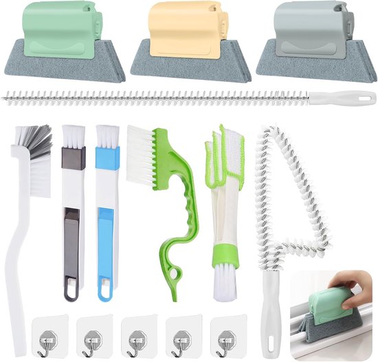 Venster Groef Reinigingsborstels Set - Multicolor - Diverse Afmetingen - Reinigingsset met 5 Haken - Voor Ramen, Jaloezieën en Badkamer