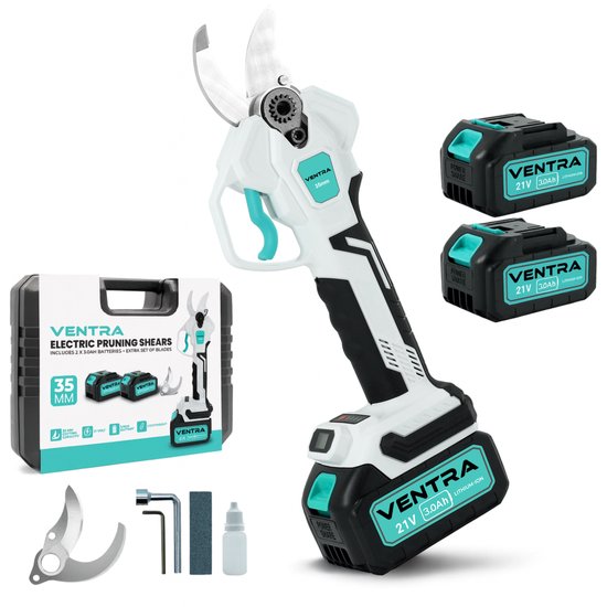 VENTRA® Elektrische Snoeischaar - 35mm- Accu Snoeischaar - Takkenschaar - 3000mAh Accu - LCD Scherm - Brushless - Incl. Opbergkoffer en Reservemessen van Merkloos	