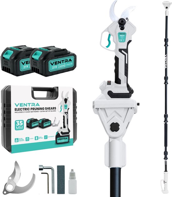 VENTRA® Elektrische Snoeischaar - 35mm- Accu Snoeischaar - Telescopische Verlengsteel 2.5M - 3000mAh Accu - LCD Scherm - Brushless - Incl. Opbergkoffer en Reservemessen van Merkloos	