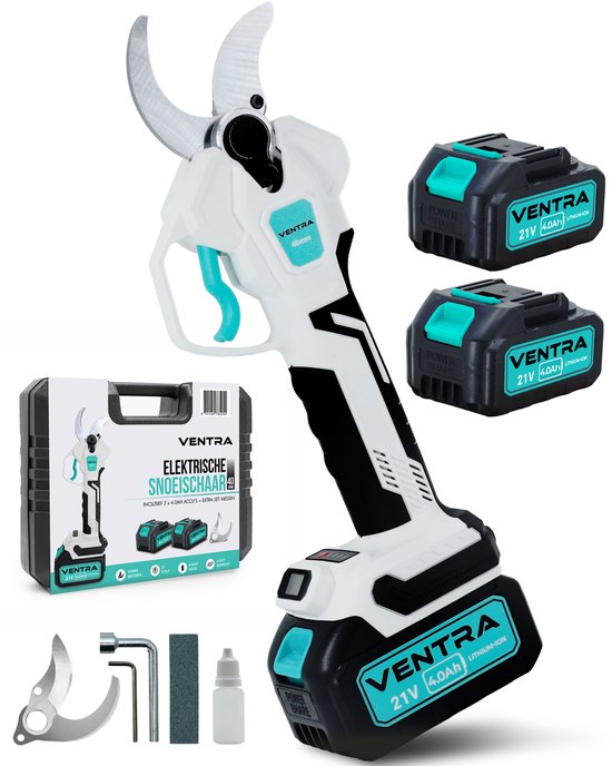 VENTRA® Elektrische Snoeischaar - 40mm- Accu Snoeischaar - Takkenschaar - 4000mAh Accu - LCD Scherm - Brushless - Incl. Opbergkoffer en Reservemessen van Merkloos	