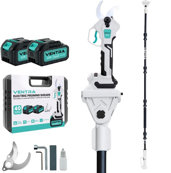 VENTRA® Elektrische Snoeischaar - 40mm- Accu Snoeischaar - Telescopische Verlengsteel 2.5M - 3000mAh Accu - LCD Scherm - Brushless - Reservemessen