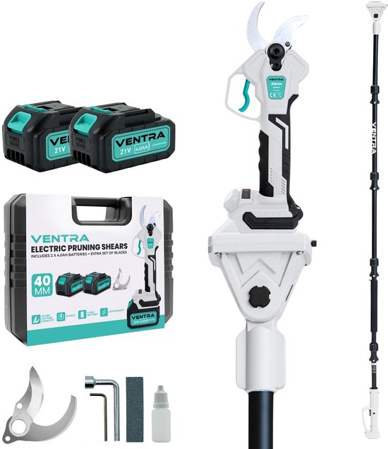 VENTRA® Elektrische Snoeischaar - 40mm- Accu Snoeischaar - Telescopische Verlengsteel 2.5M - 4000mAh Accu - LCD Scherm - Brushless - Incl. Opbergkoffer en Reservemessen van Merkloos	