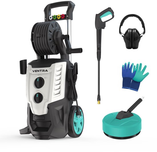 VENTRA® Hogedrukreiniger – 2200W – 170 Bar – 450 l/h – 10m Slang - Slanghaspel - Terrasreiniger - Geïntegreerde Zeeptank - Inclusief Gehoorbescherming en Werkhandschoenen van Merkloos	