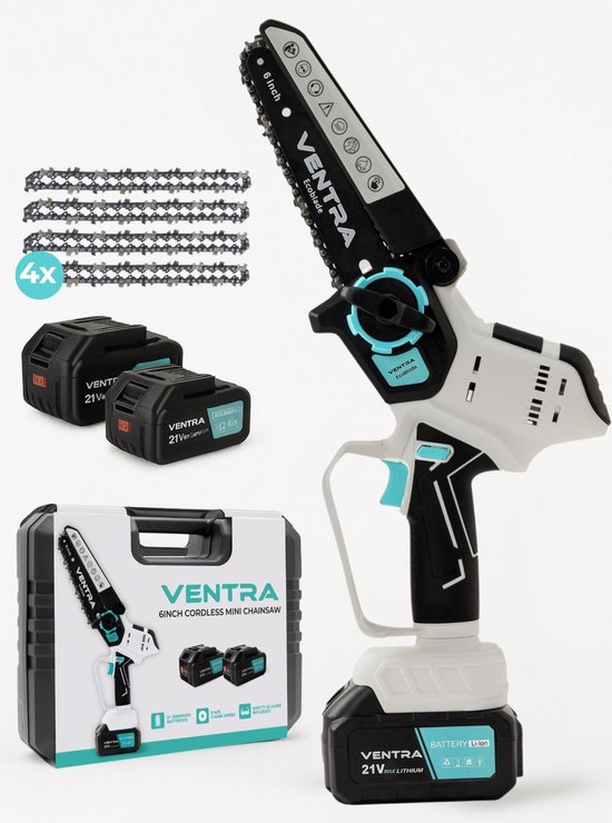 VENTRA® - Mini Kettingzaag - Heggenschaar 21V Accu - Handkettingzaag - Snoeizaag - Takkenzaag - 3000mAh - Inclusief 2 Accu's en 4 Kettingen van Merkloos	