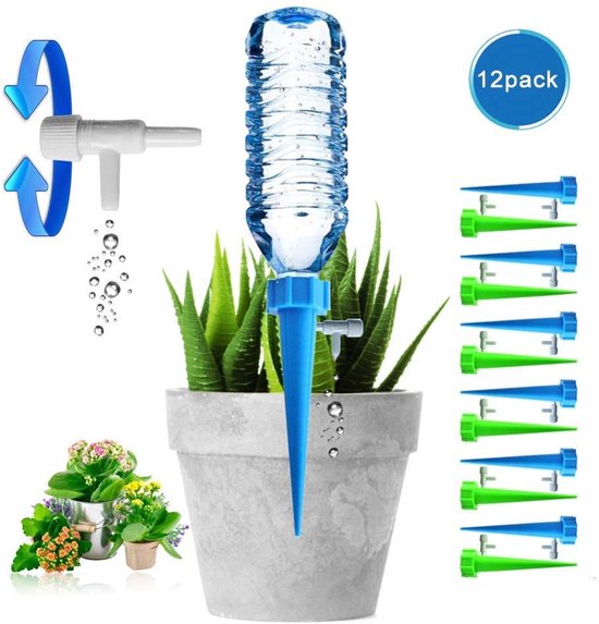 Verbeterde verstelbare zelfbewaterende gietdoppen. Automatisch druppelirrigatiesysteem voor tuinplanten, geschikt voor binnen en buiten – te gebruiken met plastic flessen (12-pack). Verzorg uw planten thuis en op kantoor.
