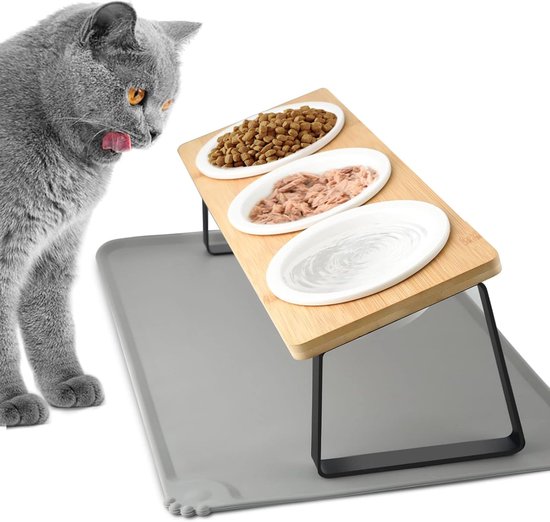 Verhoogde kattenbak, set van 3 keramische voerbakken met bakonderlegger, siliconen - 15° gekanteld voederstation hondenbak, voederbak en waterbak voor katten en kleine honden