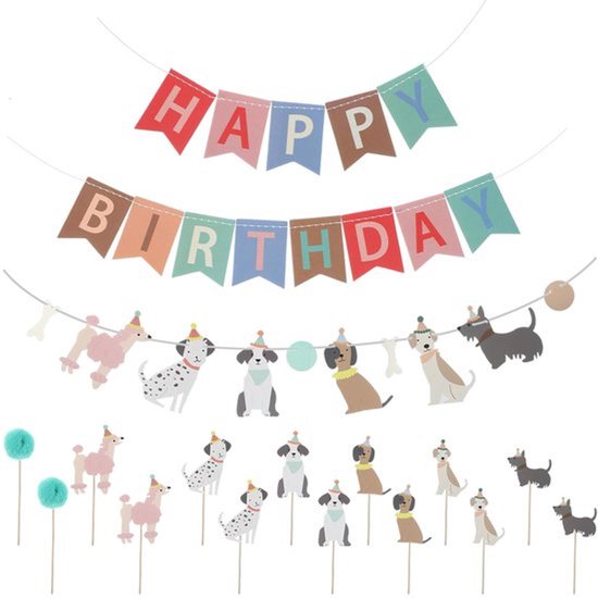 Verjaardagsbanner met hondenthema, banner met hondenpatroon, Verjaardagsachtergrond, kleurrijke decoratie, feestartikelen voor kinderen, baby's en honden (Stijl B)