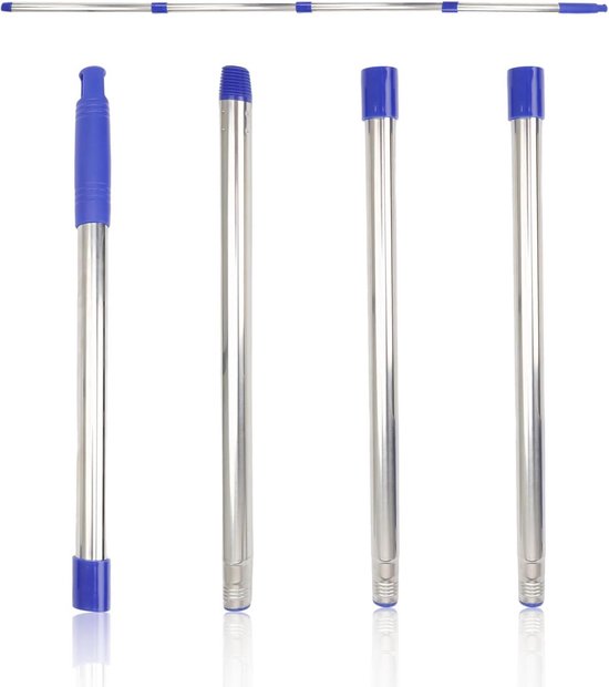 Verlengbare telescoopstang voor zwembad schoonmaak - 4 delen, roestvrij staal, blauwe dweilgreep van Merkloos	