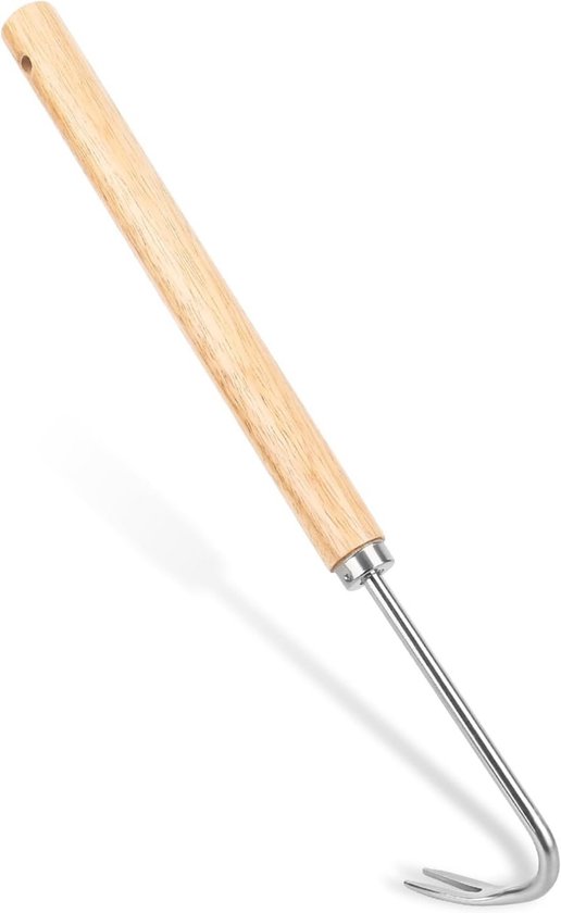 Verlengde houten handgreep voor graswortelhaak - totale lengte 41 cm - handgreeplengte 28 cm - haakkop 7,5 cm - staafdikte 0,8 cm - wortelonkruidgereedschap - handgereedschap voor in de tuin - geschikt voor onkruidgereedschap in de tuin van Merkloos	