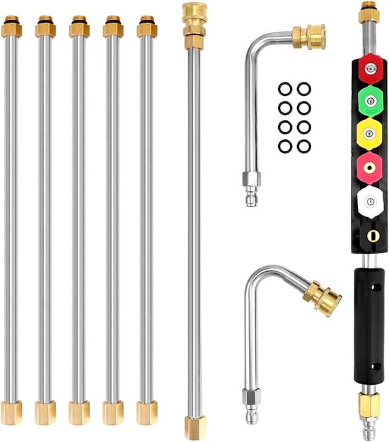 Verlengstang voor hogedrukreiniger, 4000PSI, met 6 mondstukpunten, 10 rubberen ringen, 1/4" snelkoppeling, wasaccessoires