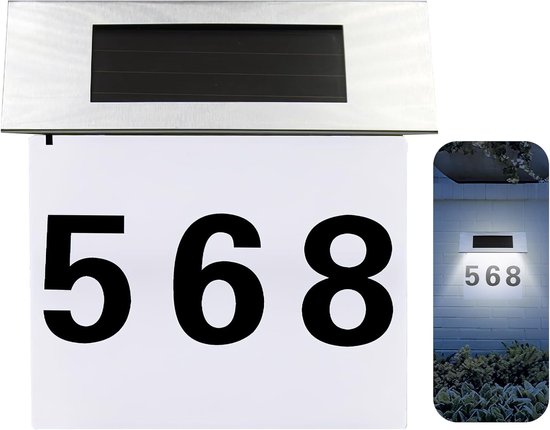 Verlichte roestvrijstalen huisnummers - solar powered - 4 LEDs - twilight switch - waterdicht IP65 - cijfers 0-9 & letters A-H - geschikt voor tuin en oprit van Merkloos	