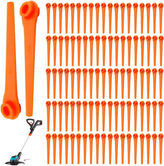 Verpakking met 100 vervangende plastic messen voor Gardena 9823 9825 9820 9821 grastrimmers, 70 mm