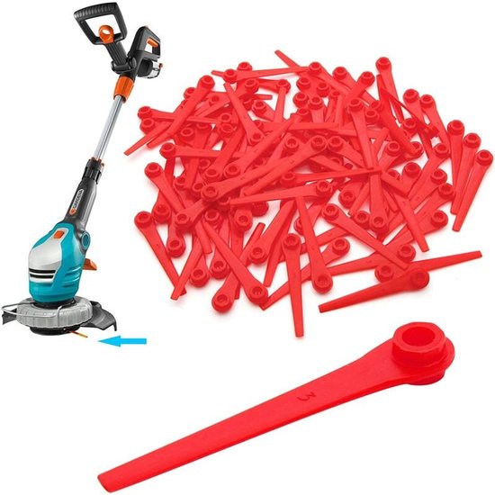 Verpakking van 100 kunststof vervangingsmesjes voor Gardena 9823 9825 grasmaaier 70 mm Rood van GARDENA