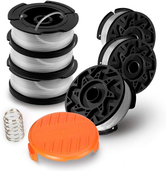 Verpakking van 6 spoelen A6485 A6481 voor Black Decker-trimmer, 6 x 9 m nylondraad, 1,65 mm draad + 1 dop + 1 veer van Black + Decker
